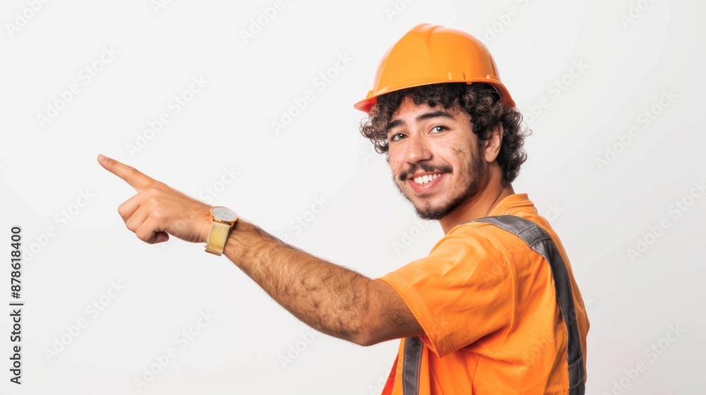 Wall mural young hispanic worker man isolated on white background pointing to the side