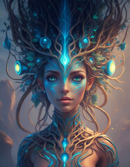 Naklejka premium portrait of imagination Eyva tree goddess close up. Ai generated