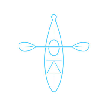 recommend clip art: Minimalist blue outline of a kayak and paddle on a white background