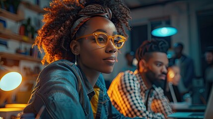 Obraz premium A woman with curly hair and glasses is sitting at a desk with a laptop