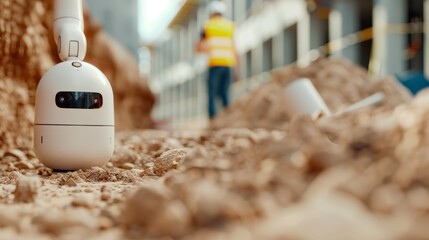 High-definition photo of an AI-powered robot inspecting construction materials on a site, precise and detailed, no people, focus cover all object
