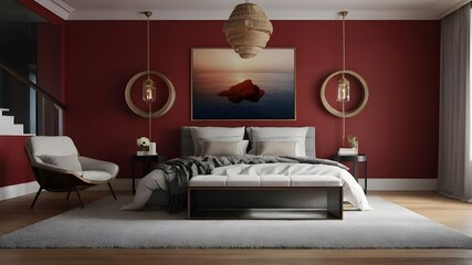 Simple, comfortable coastal bedroom background, home mockup, 3D render