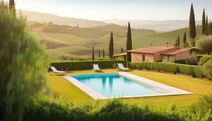 A rustic villa nestled in the rolling hills of Tuscany, Italy. 
