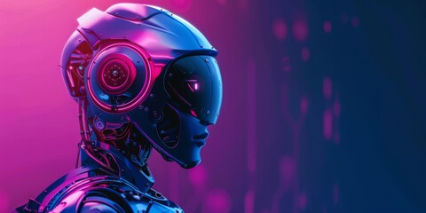 The futuristic AI robot is depicted with neon lights from one side, illustrating cuttingedge technology