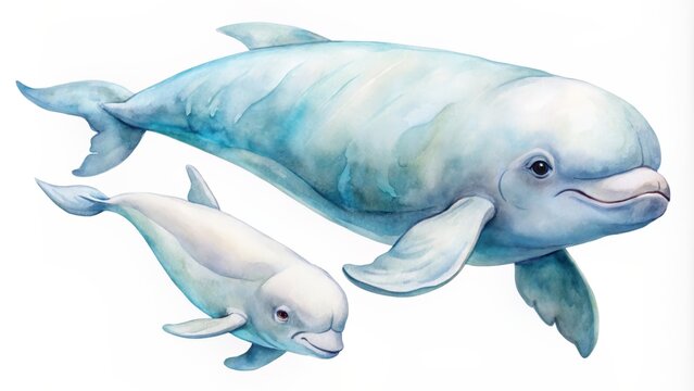Beautiful illustration of two beluga whales swimming together, showcasing their gentle nature and aquatic elegance in a serene ocean setting.