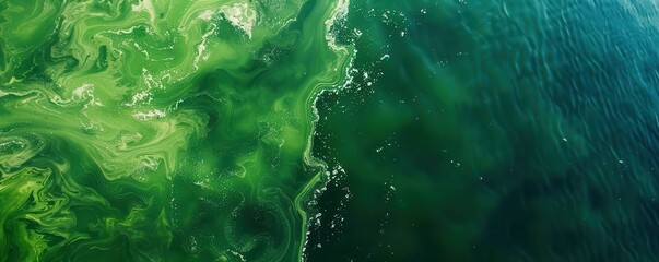 Toxic algae bloom spreading in a lake, toxic contamination, aquatic ecosystem damage