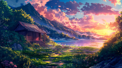 Fototapeta premium a realistic cartoon background, beautiful scenery.