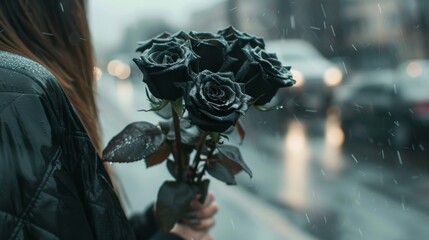 A person holding a bouquet of black roses in the rain is ideal for emotional campaigns and dramatic floral advertisements
