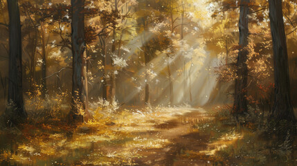 Fototapeta premium Soft, natural sunlight filtering through the trees, casting dappled light on the scene. Use warm, golden tones to create a serene and inviting ambiance