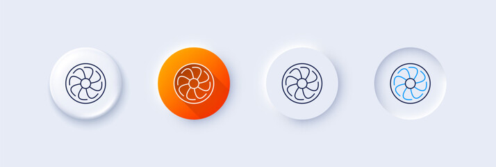 Fan engine line icon. Neumorphic, Orange gradient, 3d pin buttons. Jet turbine sign. Ventilator symbol. Line icons. Neumorphic buttons with outline signs. Vector