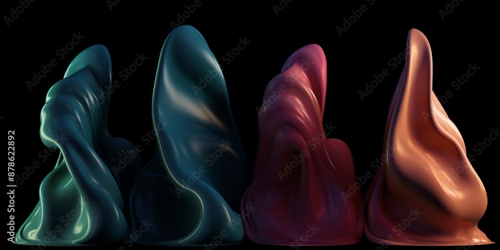 Poster abstract colorful sculptures set on a black background with smooth, fluid shapes, ideal for modern a