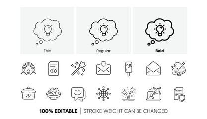 International globe, Biotin vitamin and Ice cream line icons. Pack of Inclusion, View document, Magic wand icon. Data security, Qr code, Mail pictogram. Fireworks, Energy, Boiling pan. Vector