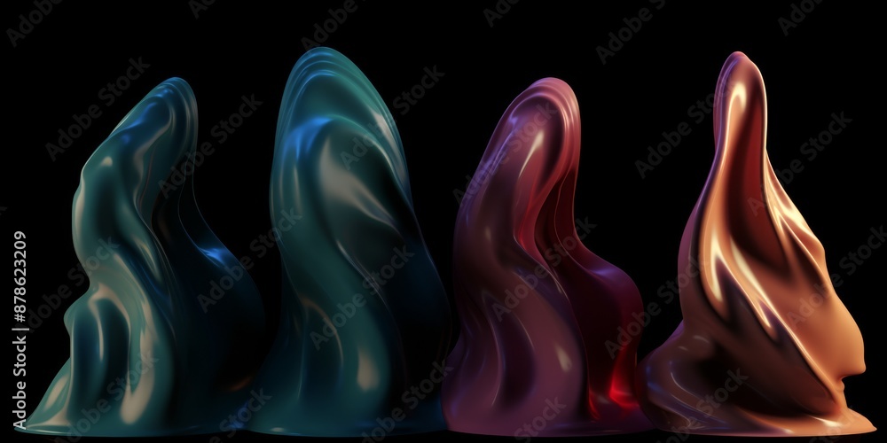Poster abstract colorful sculptures set on a black background with smooth, fluid shapes, ideal for modern a