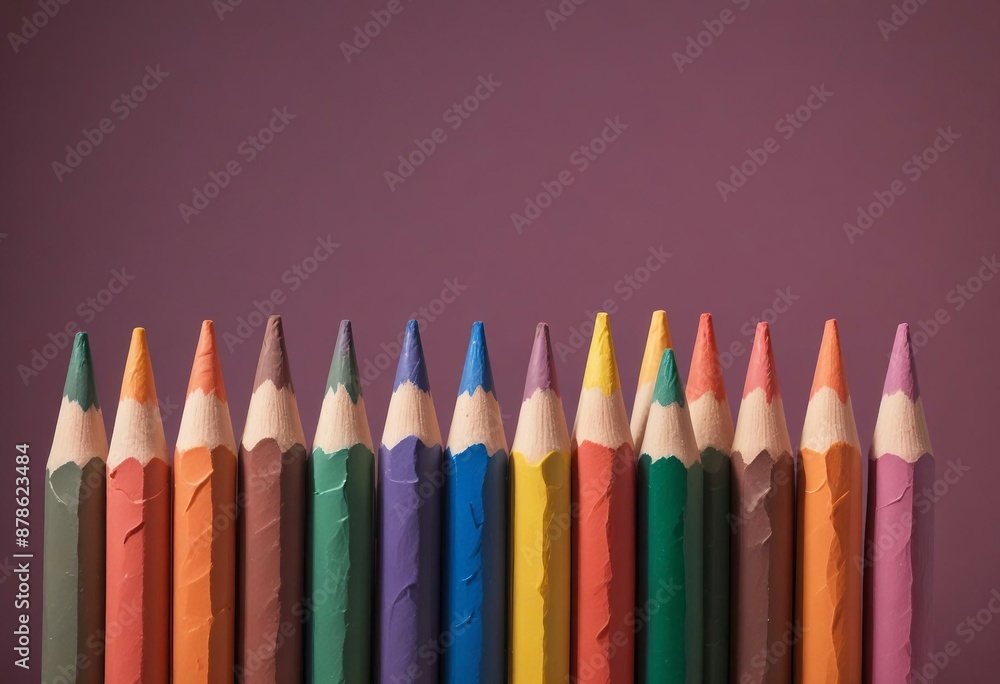 Wall mural colored crayons lined up side by side, ad shot