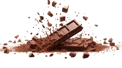 Delicious chocolate bar pieces falling into chocolate splash transparent background.
