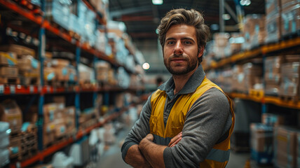 Obraz premium Confident Warehouse Worker: Professionalism in Modern Industrial Setting