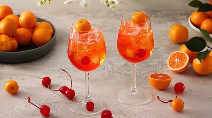  Two orange sasso cocktails in wine glasses, surrounded by oranges and cherries on a light grey table top, in the style of unknown artist