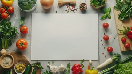 The rectangular white empty paper board with vegetables mockup on a kitchen table for text