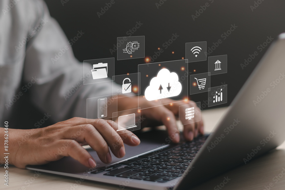 Poster businessman showing at cloud computing diagram. concept of big data management, data storage ,networ