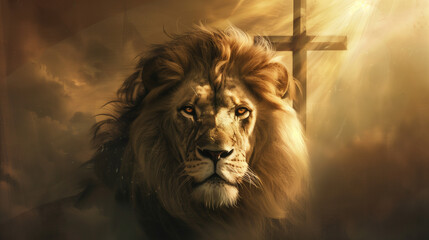 Majestic Lion with Cross in Radiant Light, Symbolic Digital Art, Lion of Judah