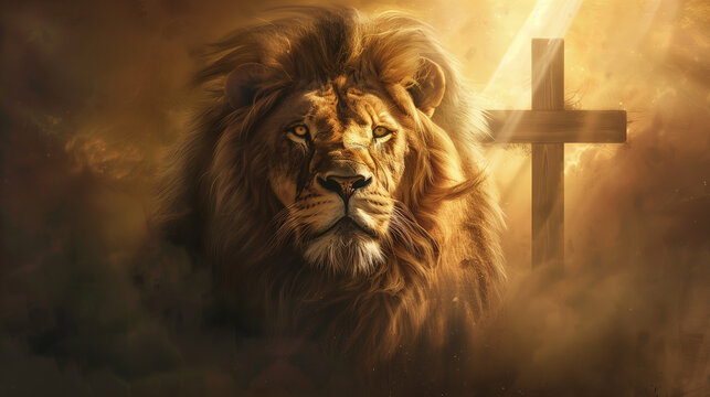 Majestic Lion with Cross in Radiant Light, Symbolic Digital Art, Lion of Judah