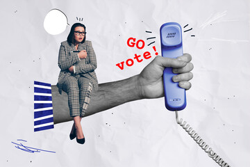 Composite photo collage of scared woman sit hold tablet hand telephone receiver agitation go vote...