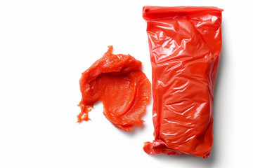 A single, glossy packet of crimson Buldak hot sauce sits on a stark white background, its corner ripped open, revealing a fiery red paste. Anticipation simmers for the fiery feast to come.