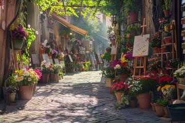 A sun-kissed courtyard overflows with colorful blooms as artists set up their easels to capture the lively atmosphere of the marketplace. The scene is alive with creativity and beauty.