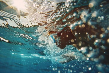 A swimmer takes the plunge into a crystal-clear pool, surrounded by sunbeams that create a dazzling display on the water's surface. The atmosphere is tranquil and inviting.