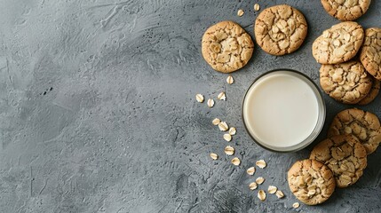 Top view of oatmeal cookies sits next to glass of milks on a grey background. The cookies