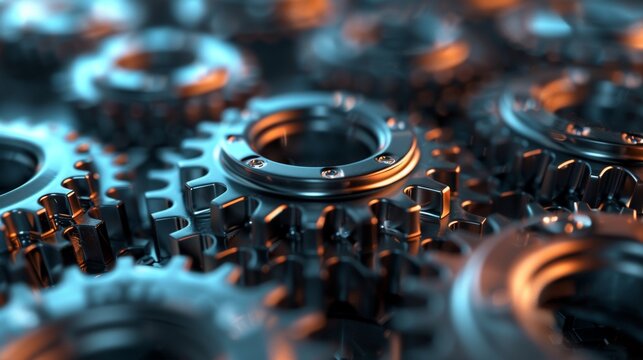 A detailed 3D illustration of gears turning and moving in sync, representing the idea of solutions working together smoothly.