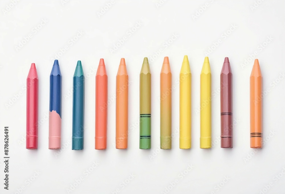 Wall mural colored crayons lined up side by side, ad shot