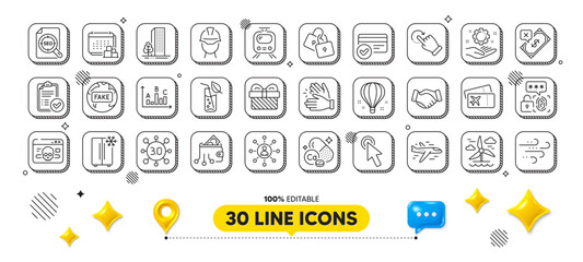 Buildings, Payment methods and Cyber attack line icons pack. 3d design elements. Employee hand, Locks, Refrigerator web icon. Windmill, Clapping hands, Train pictogram. Vector