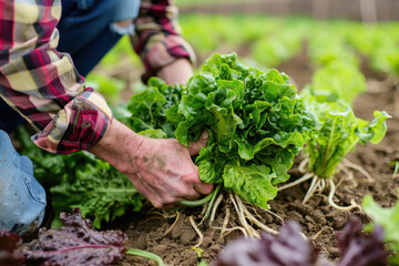 Naklejka premium Farmer's hands harvesting fresh lettuce with roots attached