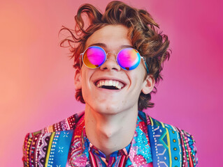 portrait of young LGBT teen lively man with colorful rainbow color theme, fashionable hair style, wearing round chrome vibrant reflect sunglasses.