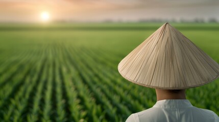 Rural scene at dawn with a woman in a conical hat, lush green field, serene atmosphere, highly detailed image, focus cover all object