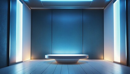 Futuristic three-dimensional design with modern podium, empty space and neon lighting in a clean and modern room