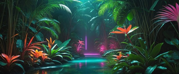 Enchanting Neon Dragonfly in Exotic Jungle Oasis: A Vibrant and Surreal Landscape of Magical Flora and Fauna