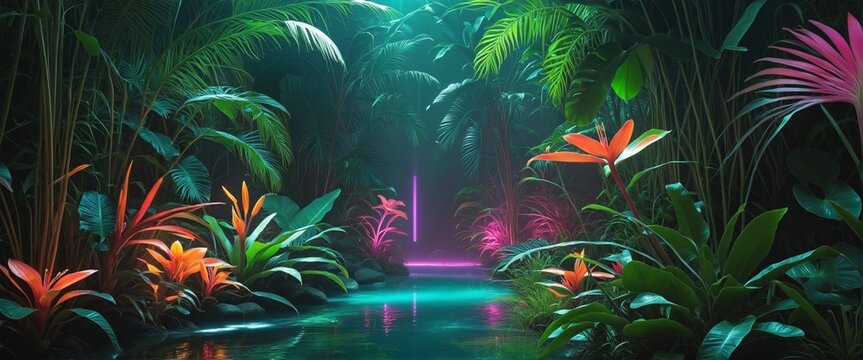 Enchanting Neon Dragonfly in Exotic Jungle Oasis: A Vibrant and Surreal Landscape of Magical Flora and Fauna