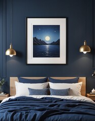 Contemporary interior design mockup featuring a canvas frame in a luxurious dark blue bedchamber setting