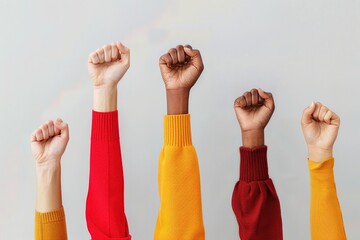 Diverse hands raised together, high key, unity and equality in politics, close-up