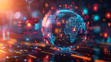 Obraz premium A vibrant 3D illustration of a globe surrounded by digital marketing icons, symbolizing global reach and online marketing strategies.