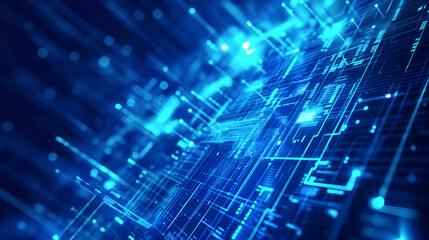 Obraz premium Abstract digital background with glowing blue circuit patterns and light dots, symbolizing advanced technology and data processing.