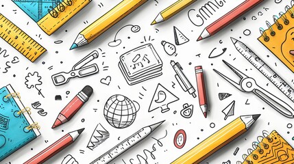 stationery, drawing tools and office supplies. Back to school. Pattern.