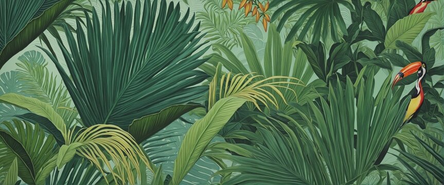 Exotic Jungle Paradise Wallpaper with Palm Leaves and Tropical Wildlife