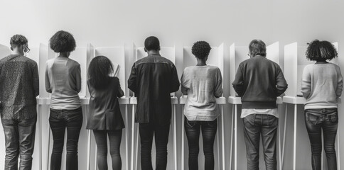 Diverse Group of People at Voting Booths. A diverse group of seven people, viewed from the back, casting their votes at individual voting booths. Image highlights participation in democratic process.