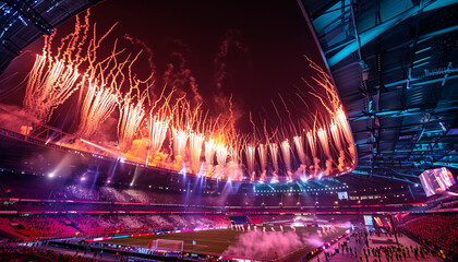 Photograph the grand opening ceremony of Euro 2024. Include performances, fireworks, and a parade of participating teams. Capture the diverse cultural displays and the unity of the event, showing the 