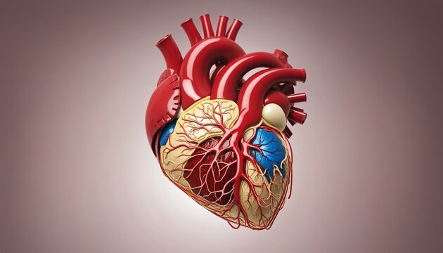 Three-dimensional illustrated diagram of blocked coronary arteries in the myocardium for educational purposes in the field of cardiology