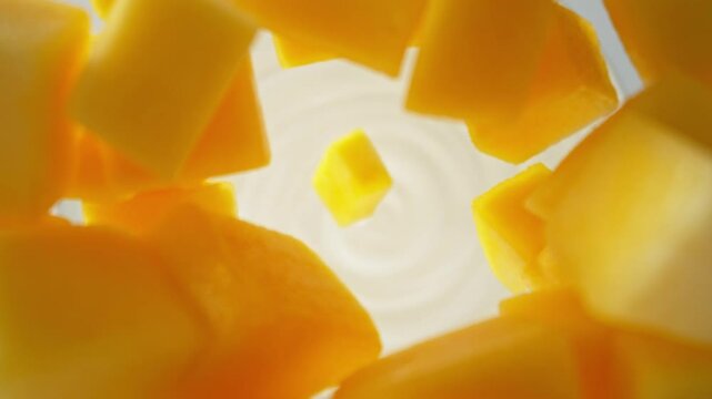 Super Slow Motion of Falling Mango Pieces into Milk Cream. Filmed on High Speed Cinema Camera, 1000fps, Placed on High Speed Cine Bot. Camera in Motion, Following Objects.