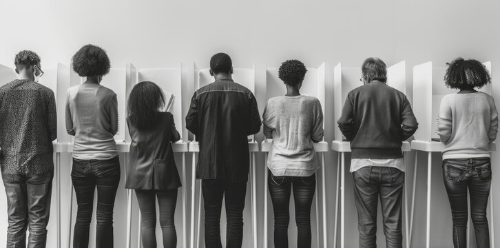 Diverse Group of People at Voting Booths. A diverse group of seven people, viewed from the back, casting their votes at individual voting booths. Image highlights participation in democratic process.